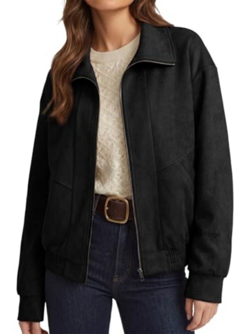 Faux Suede Zip Up Casual Jacket Long Sleeve Loose Fit Fall Layer